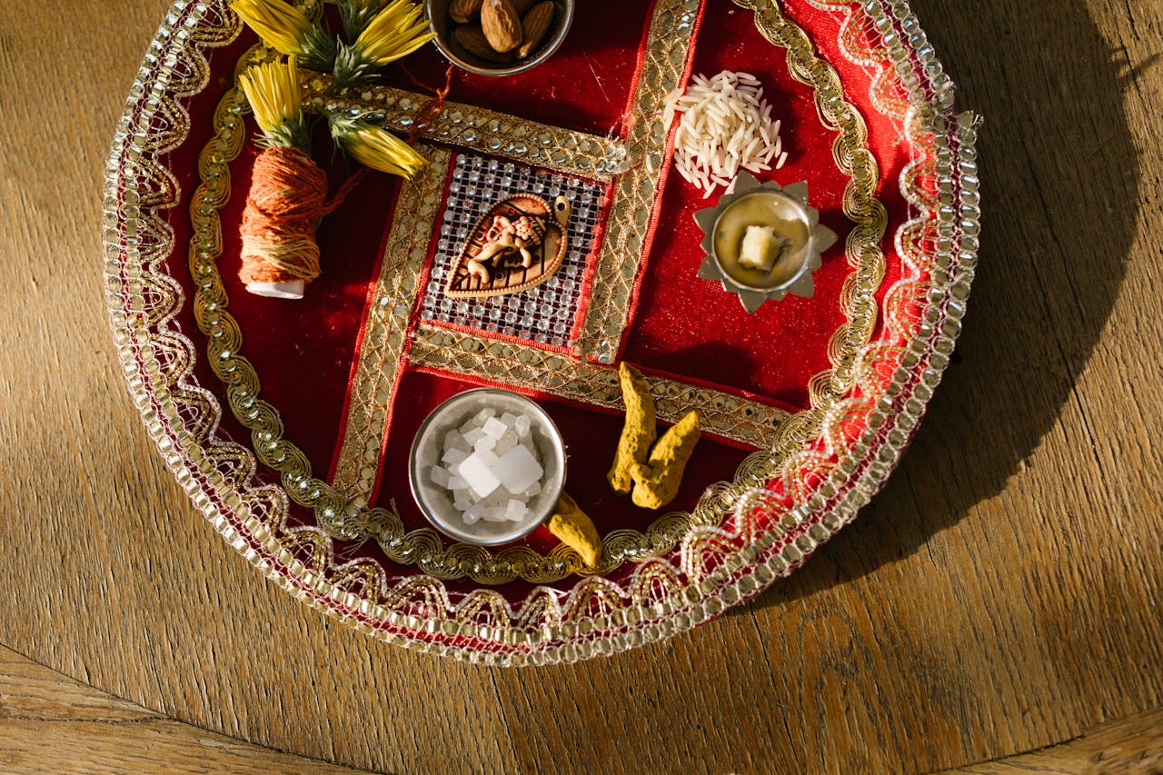 A vibrant puja thali with traditional Indian items for festivals and rituals.